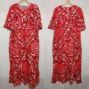 Rhode x Target Red Pink Zinnia Floral Print Bell Flutter Sleeve Midi Linen‎ 16